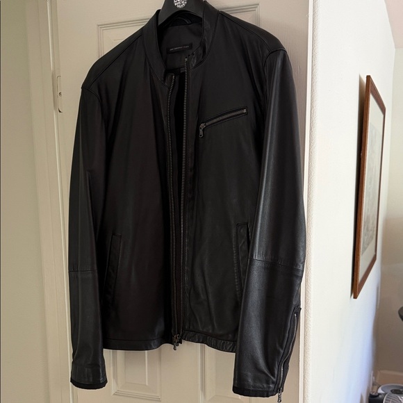 John Varvatos Black Leather Bomber Jacket
